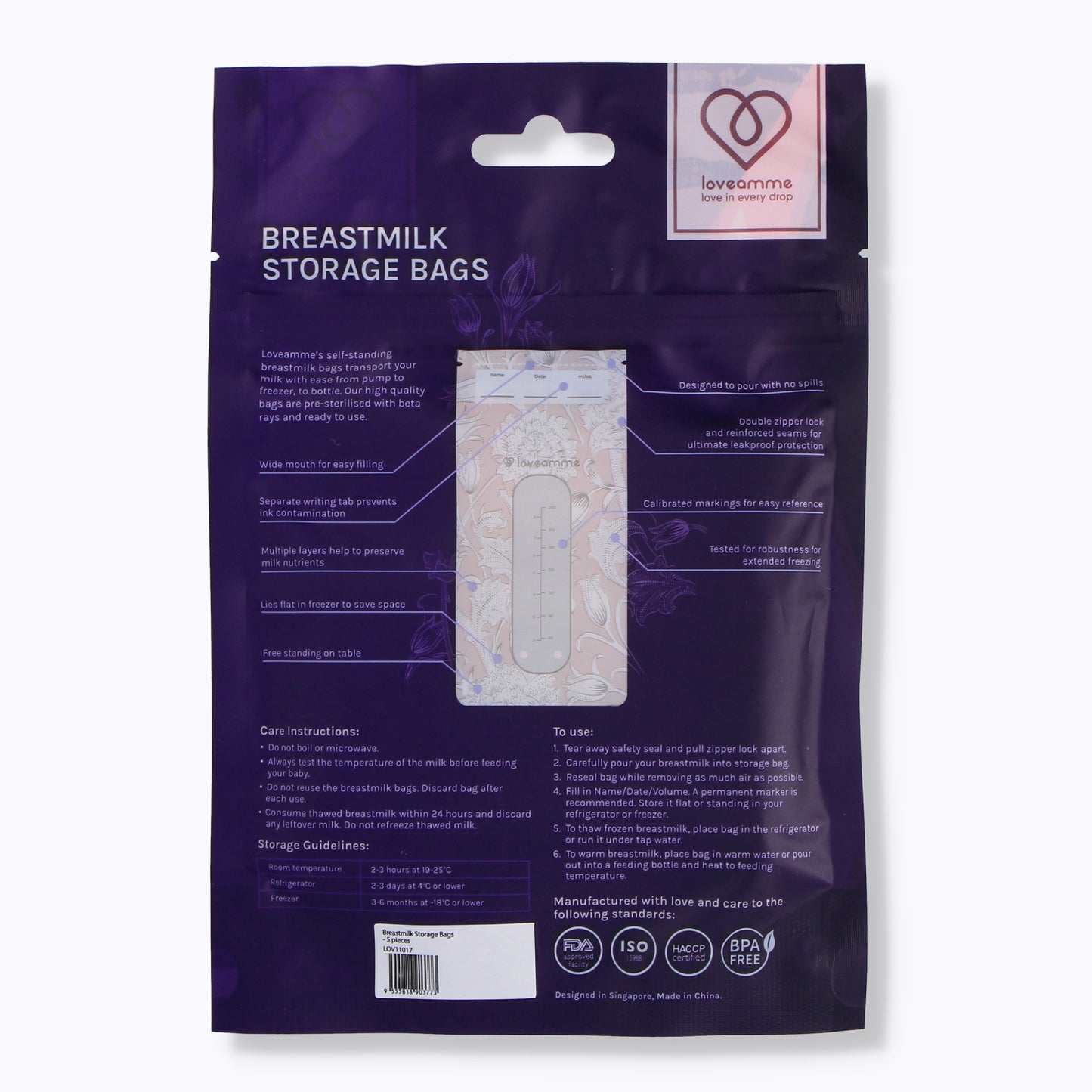 LoveAmme Breast Milk Storage Bags 240ml - 5pcs